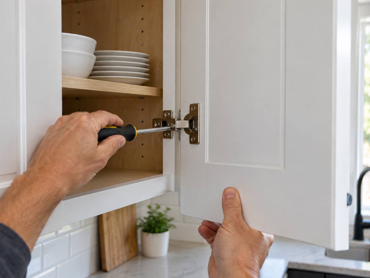 A hand adjusting a cabinet door hinge to bring the door back into alignment.