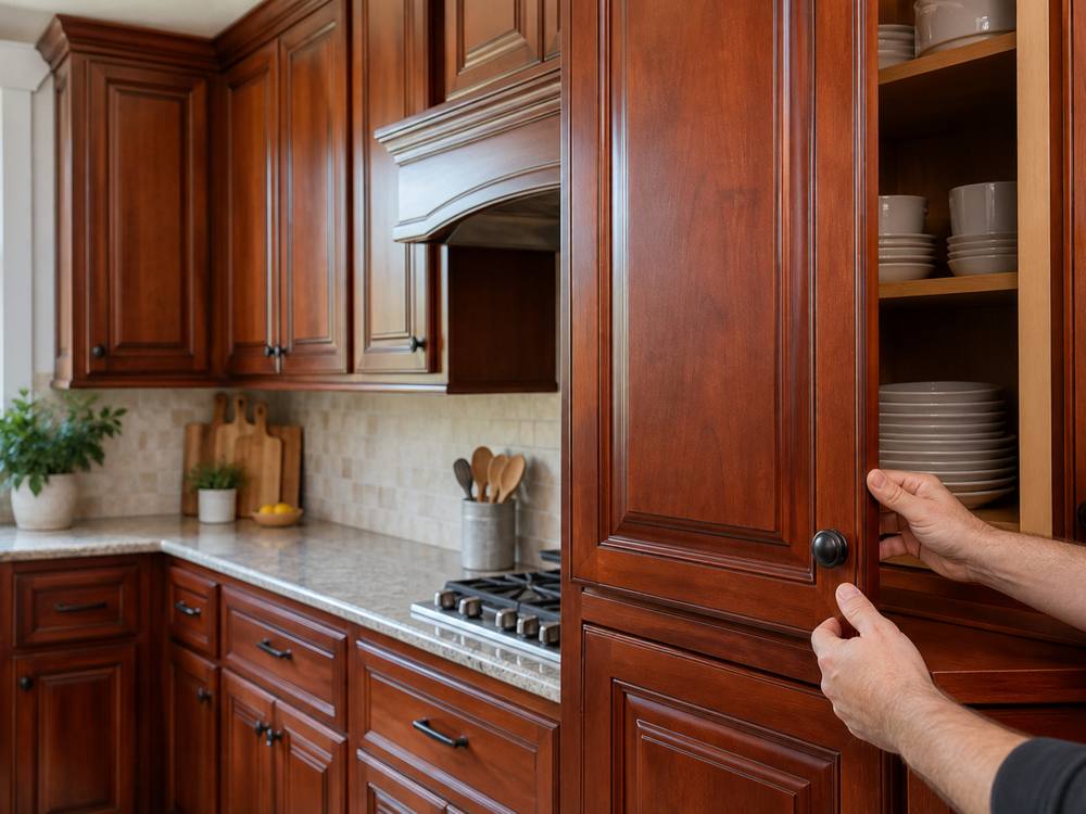Hands opening a cherry cabinet door above a stone counter and gas range