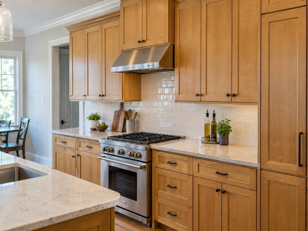 Light maple shaker kitchen with black bar pulls and white tile backsplash