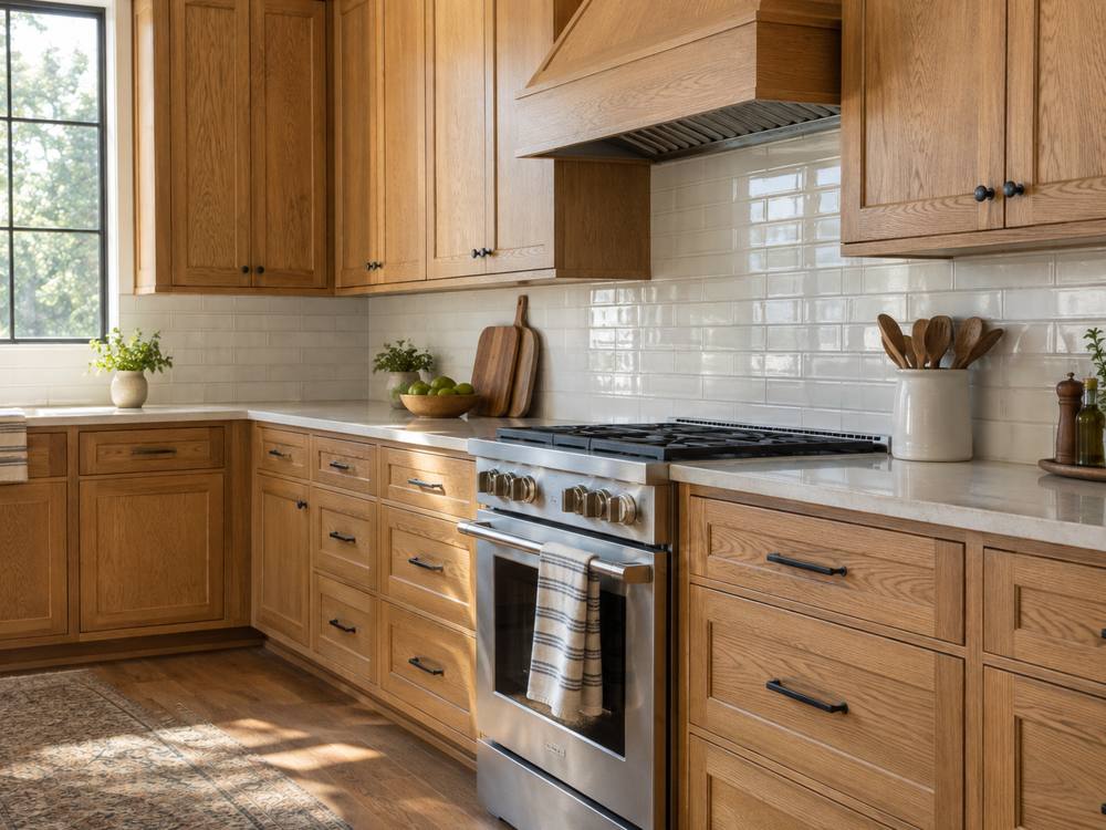 Natural oak kitchen cabinets beside a stainless range and white tile
