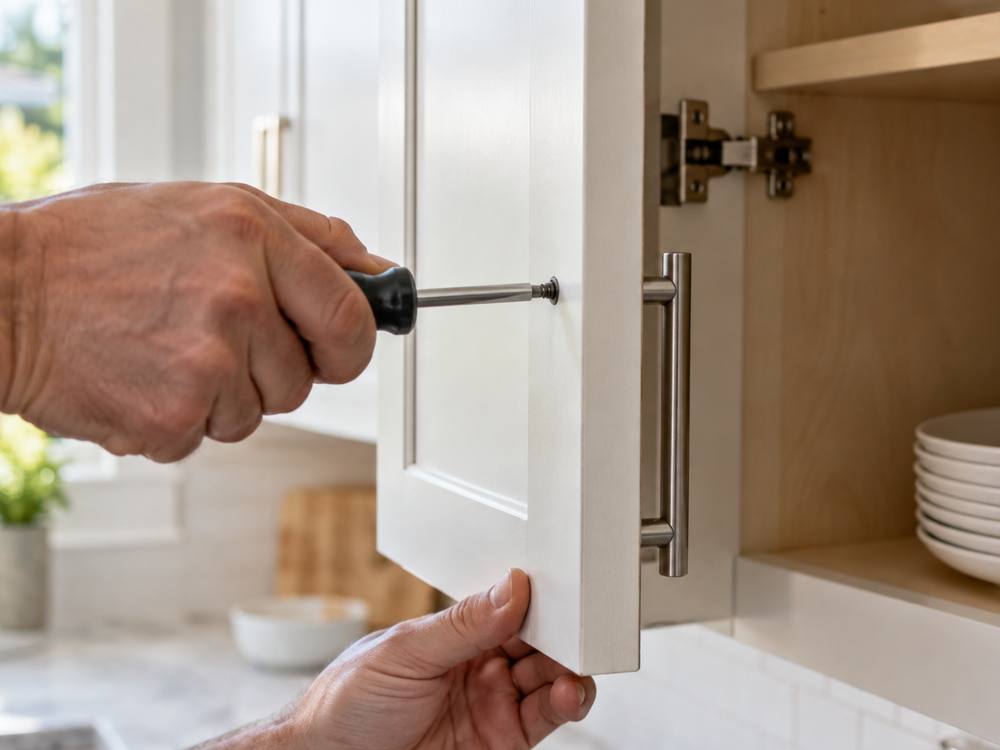 Screwdriver fitting a bar pull on a white shaker cabinet door