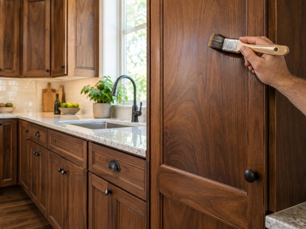 Brush touching up a walnut cabinet door beside a farmhouse sink