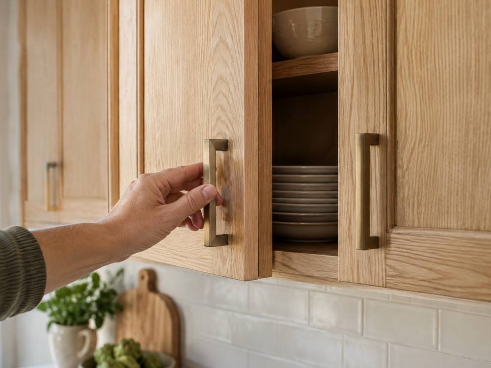Hand opening a white oak cabinet door with a brass bar pull