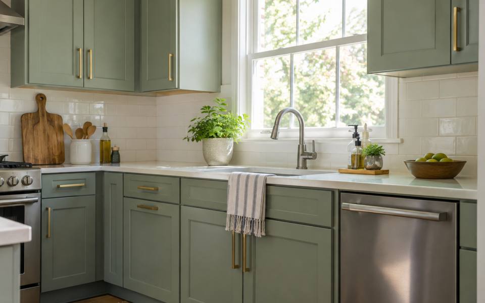 Sage green lower cabinets under white uppers with brass pulls on every door.