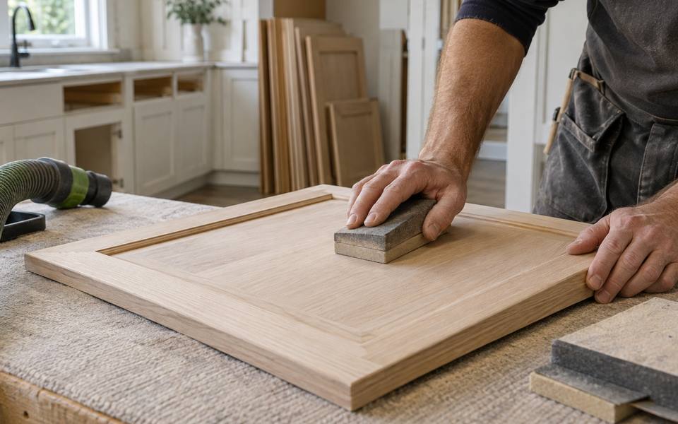 A hand working a sanding block across the face of a cabinet door.