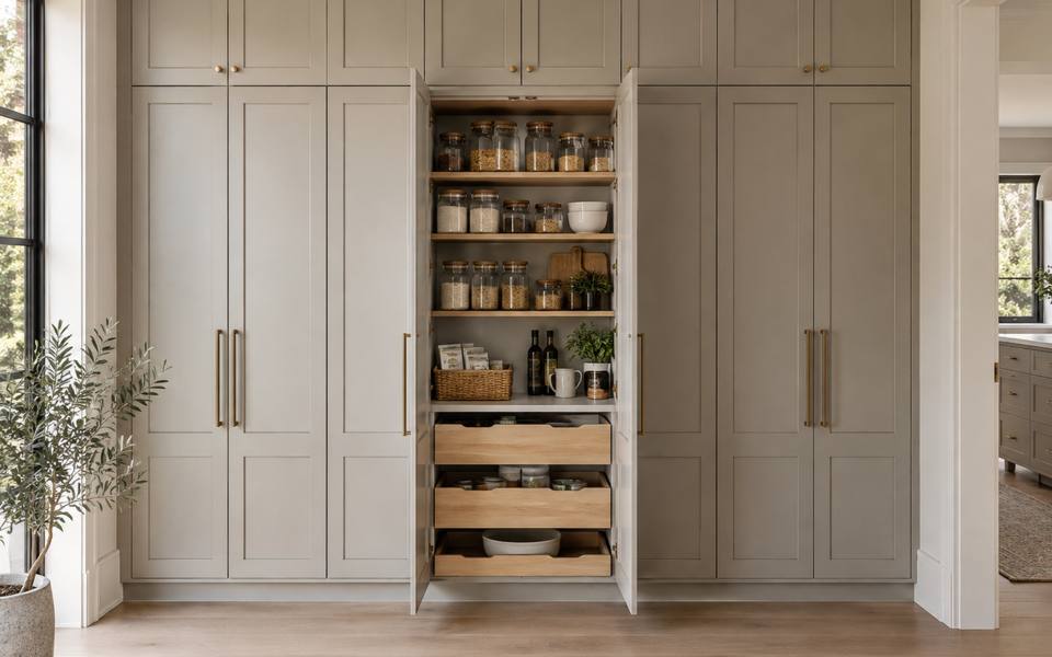 Light grey painted pantry cabinets fitted with pull-out shelves behind the doors.
