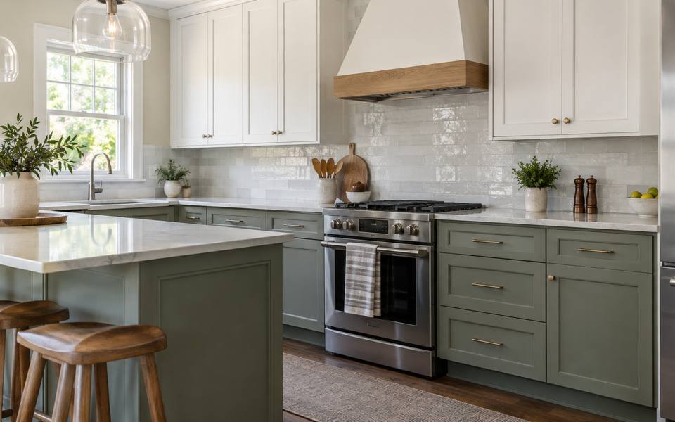 A two-tone kitchen with light upper cabinets above darker painted lower cabinets.
