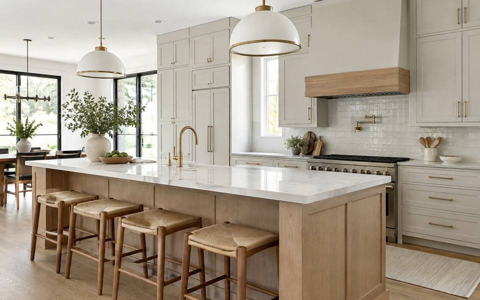 An open-plan kitchen with a painted island and pendant lights hanging above it.