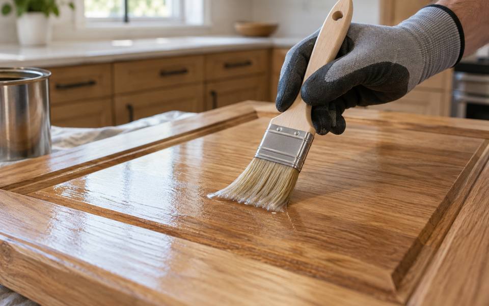 A brush laying clear coat onto a stained wood cabinet door during refinishing.