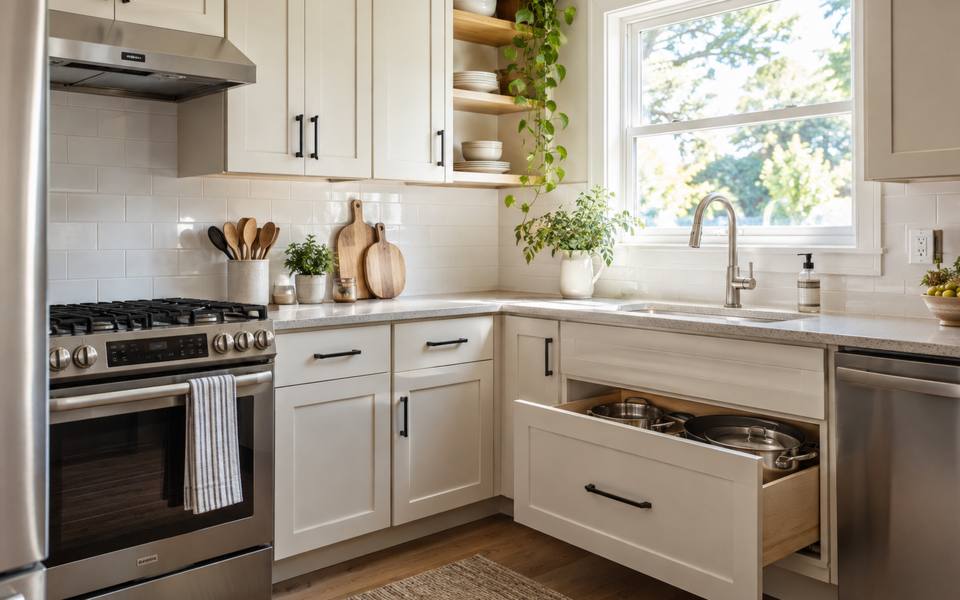 A compact white kitchen filling one wall of a small home.