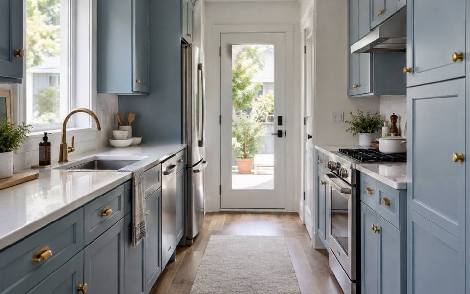A narrow galley kitchen painted in a soft blue-grey with white counters.