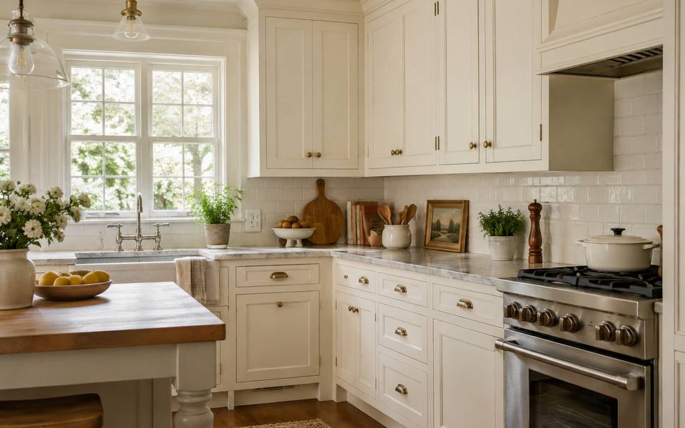 A cream cottage-style kitchen finished with thick wood countertops and open shelves.