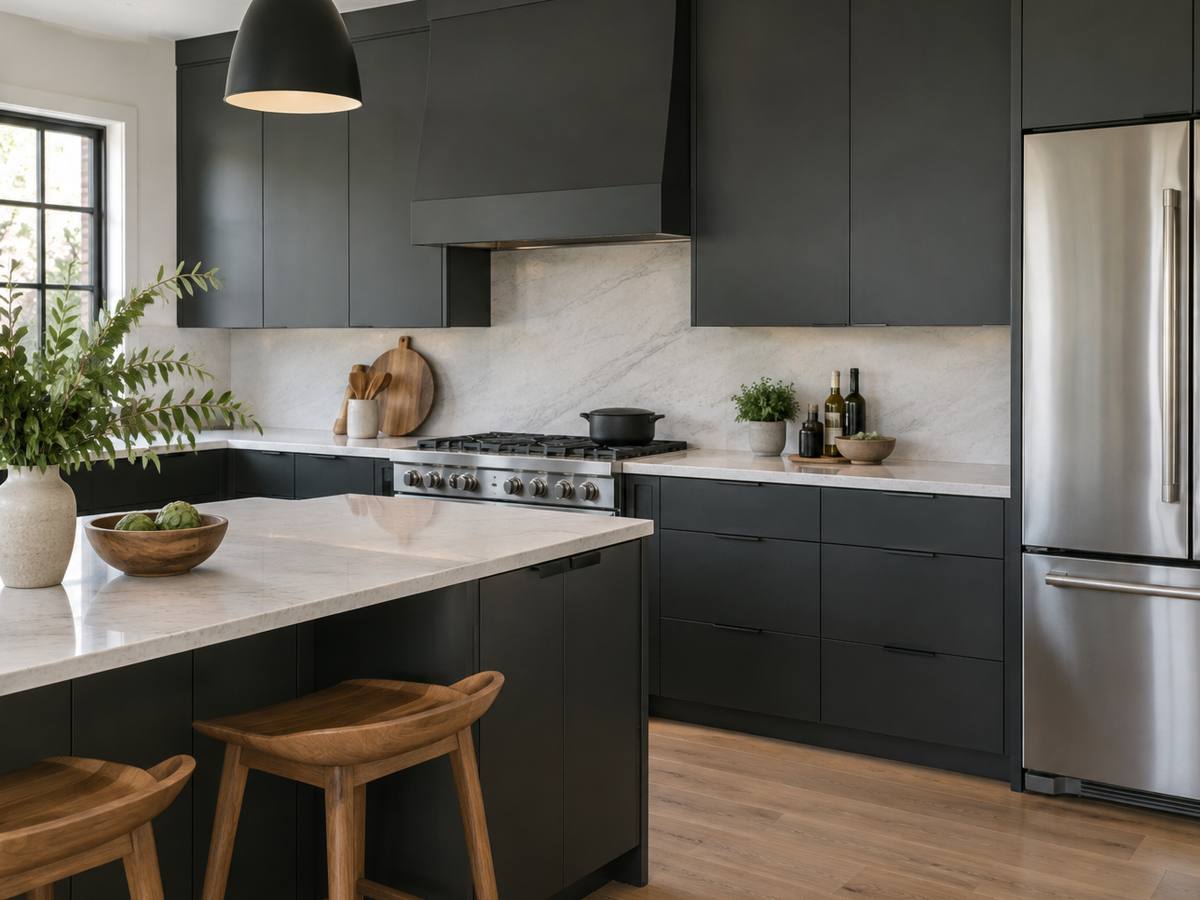 A modern charcoal grey kitchen with slab fronts and warm wood accent shelving.
